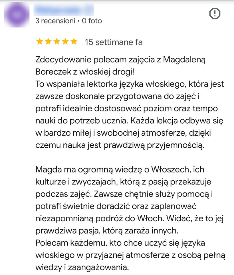 Zrzut ekranu opinii Google: Zdecydowanie polecam zajęcia z Magdaleną Boreczek