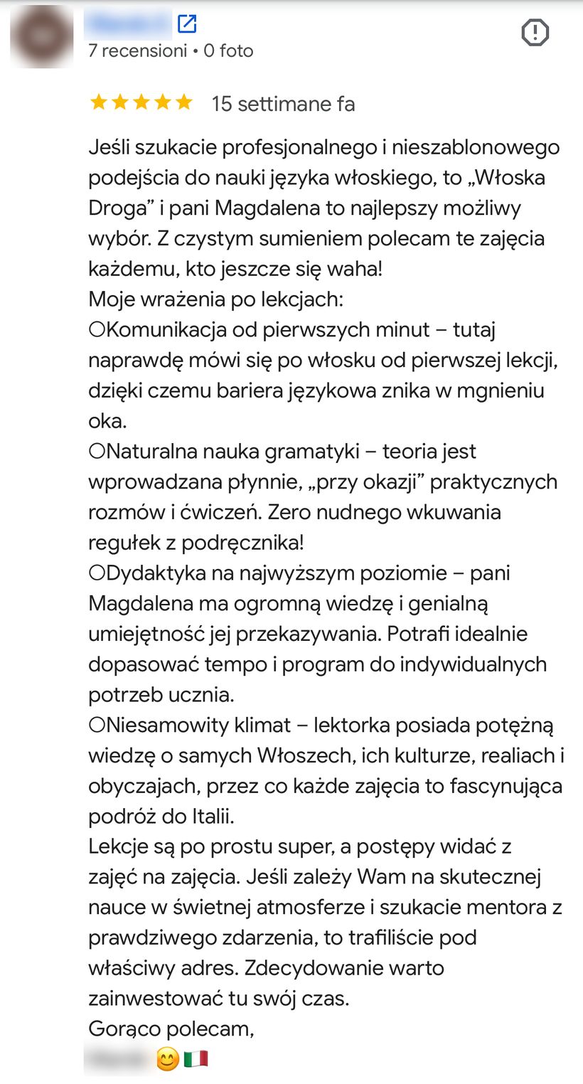 Zrzut ekranu pełnej opinii Google o mentoringu Włoska Droga