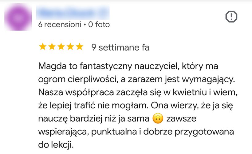Zrzut ekranu opinii Google: Magda to fantastyczny nauczyciel