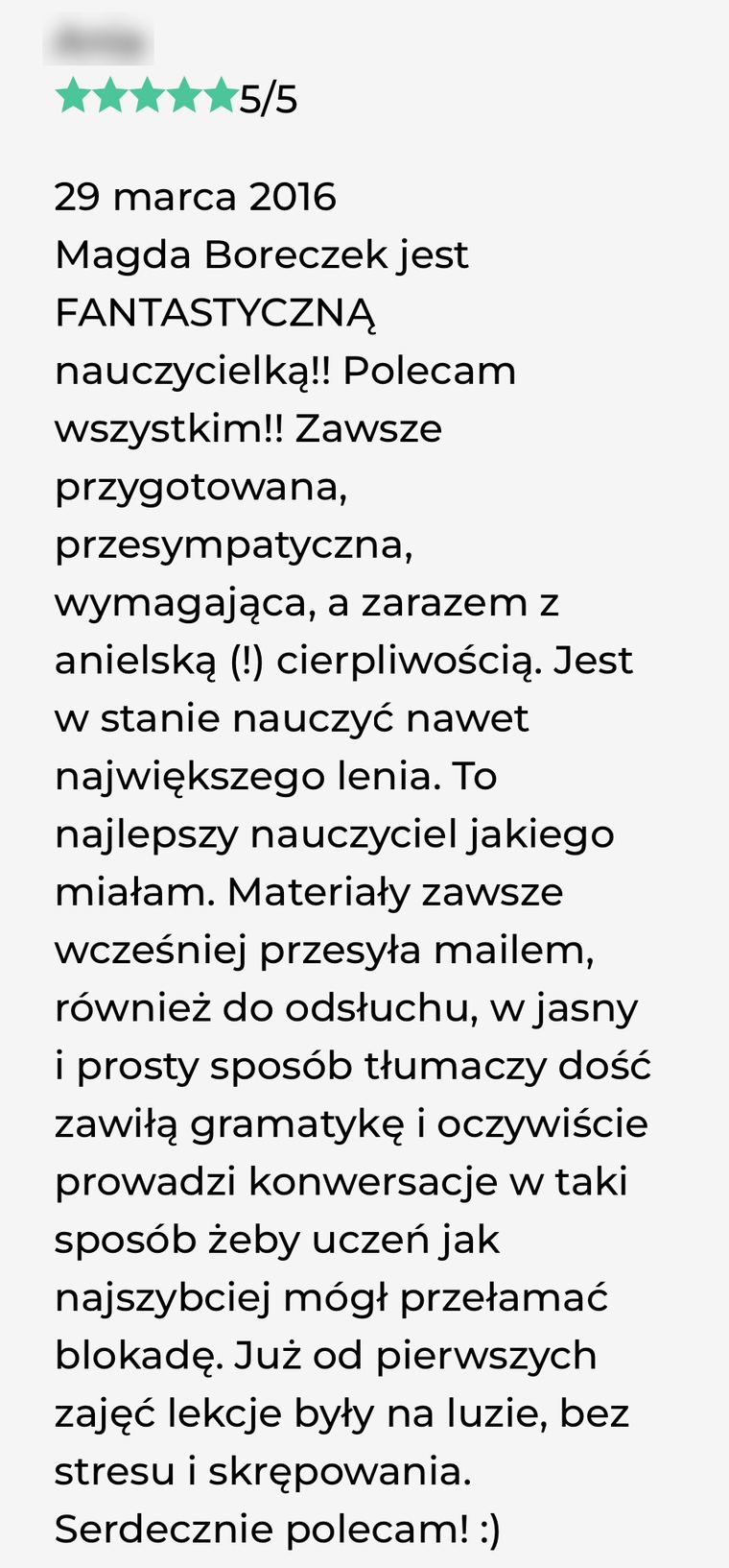 Zrzut ekranu wcześniejszej opinii ucznia nr 1